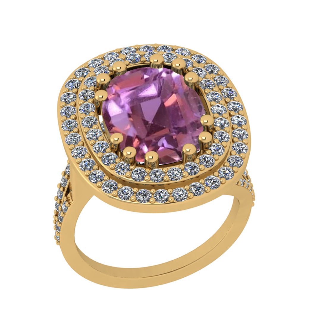 9.30 Ctw I2/I3 Kunzite And Diamond 14K Yellow Gold Cocktail Ring: Center Stone Weight : 8.10 Ctw (Cushion Cut ) Center Stone Color : Kunzite Stone Setting : Prong Side Stone Weight Of Ctw 1.20 Ctw Side Stone Color : J-K Stone Clarity : I2/I3 Stone Setting : Prong Me