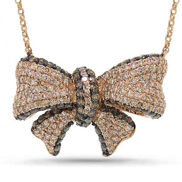 1.69ct 14k Rose Gold White and Champagne Diamond Ribbon Bow Necklace: METAL TYPE: 14k Rose Gold ;TOTAL CARAT WEIGHT: 1.69 ;NAME OF CENTER STONE: Champagne Diamond ;CENTER STONE SHAPE: ;CENTER STONE CLARITY: SI1-SI2 ;CENTER STONE COLOR: Champagne ;CENTER STONE SETTING: ;