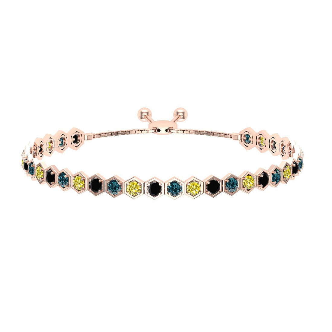 2.84 Ctw I2/I3 Multi Diamond14K Rose Gold Slide Bracelet: Center Diamond Weight : 2.84 Ctw (Round Cut) Center Diamond Color :- Treated Fancy Blue black yellow diamond Center Clarity : I2/I3 Stone Setting : Prong Metal Weight : Approx 8.80 Gram 14K Rose Gold