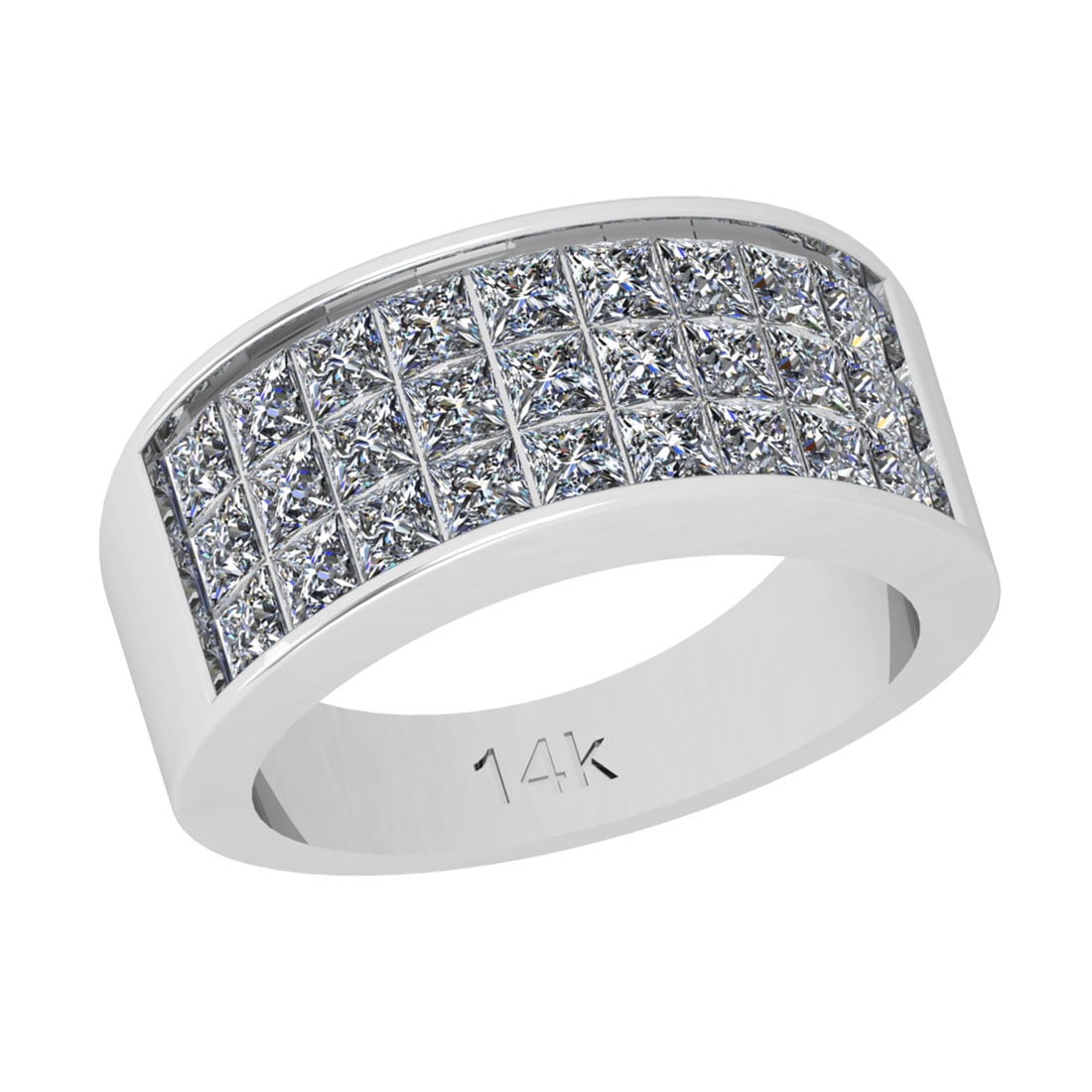 2.16 Ctw SI2/I1 Diamond 14K White Gold Groom Band Ring: Total Diamond Weight : 2.16 Ctw (Princess Cut) Color : J-K Setting : Prong Stone Clarity : SI2/I1 Metal Weight : Approx 6.90 Gram 14K White Gold Groom band Ring Current Ring Size is-6 #PAPPS91459v7