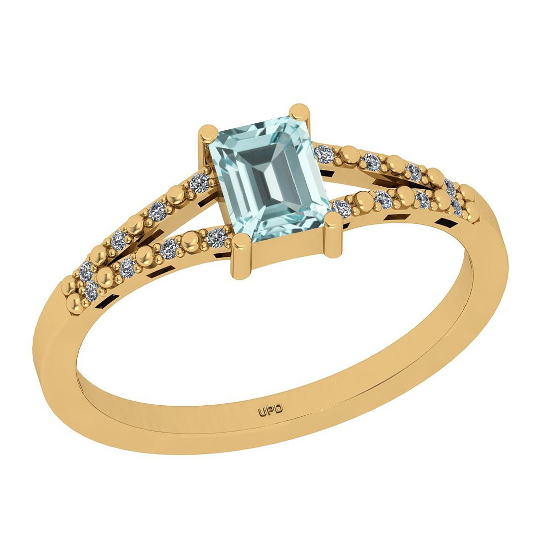 0.60 Ctw SI2/I1 Aquamarine And Diamond 14k Yellow Gold Ring: Center Stone Weight : 0.53 Ctw (Emerlald Oct Cut) Center Stone Color :-Aquamarine Center Stone Setting : Prong Side Stone Weight Of Ctw 0.07 Ctw Side Stone Color : J-K Stone Clarity : SI2/I1 Stone Set