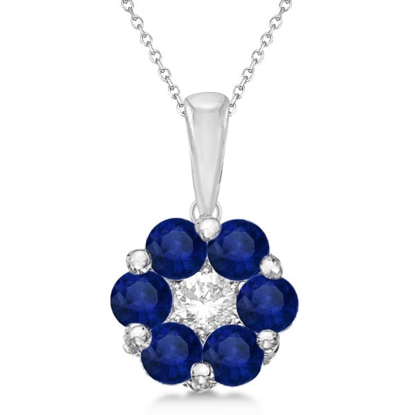 Flower Diamond and Blue Sapphire Pendant Necklace 14k White Gold 1.40ctw: CENTER STONE; Diamond CENTER STONE CLARITY; SI CENTER STONE COLOR; J-K CENTER STONE SETTING; Prong SIDE STONE CLARITY; SIDE STONE COLOR; Blue SIDE STONE SETTING; Prong ctw OF SIDE STONE: 1.26 SIDE STO