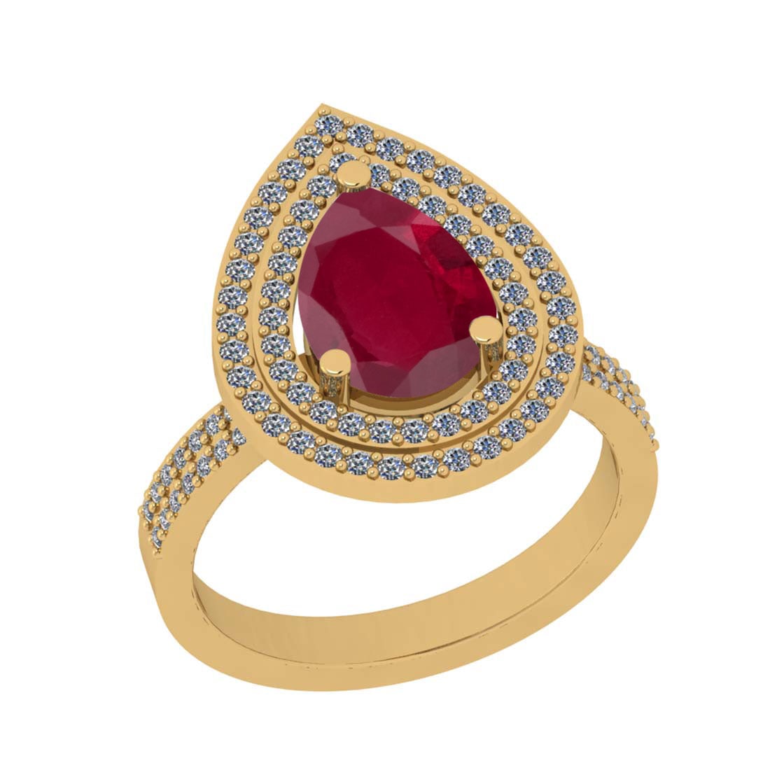 2.97 Ctw SI2/I1 Ruby And Diamond 14K Yellow Gold two Row Wedding Halo Ring: Color Stone Weight : 2.50 Ctw (Pear Cut ) Center Stone Color : Ruby Center Stone Setting : Prong Side Stone Weight Of Ctw 0.47 Ctw Side Stone Color : J-K Stone Clarity : SI2/I1 Stone Setting : Prong M
