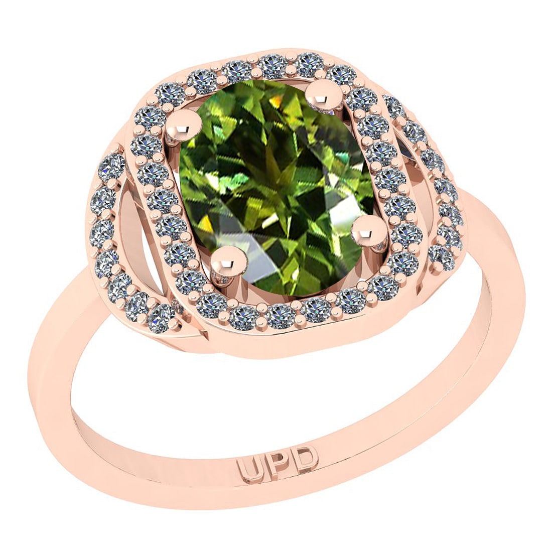 1.75 Ctw I2/I3 Green Sapphire And Diamond 10K Rose Gold Engagement Ring: Center Stone Weight : 1.50 Ctw ( Oval Cut) Center Stone Color :-Green Sapphire Stone Setting : Prong Side Stone Weight Of Ctw 0.25 Ctw Side Stone Color : J-K Stone Clarity : I2/I3 Stone Setting : Pron