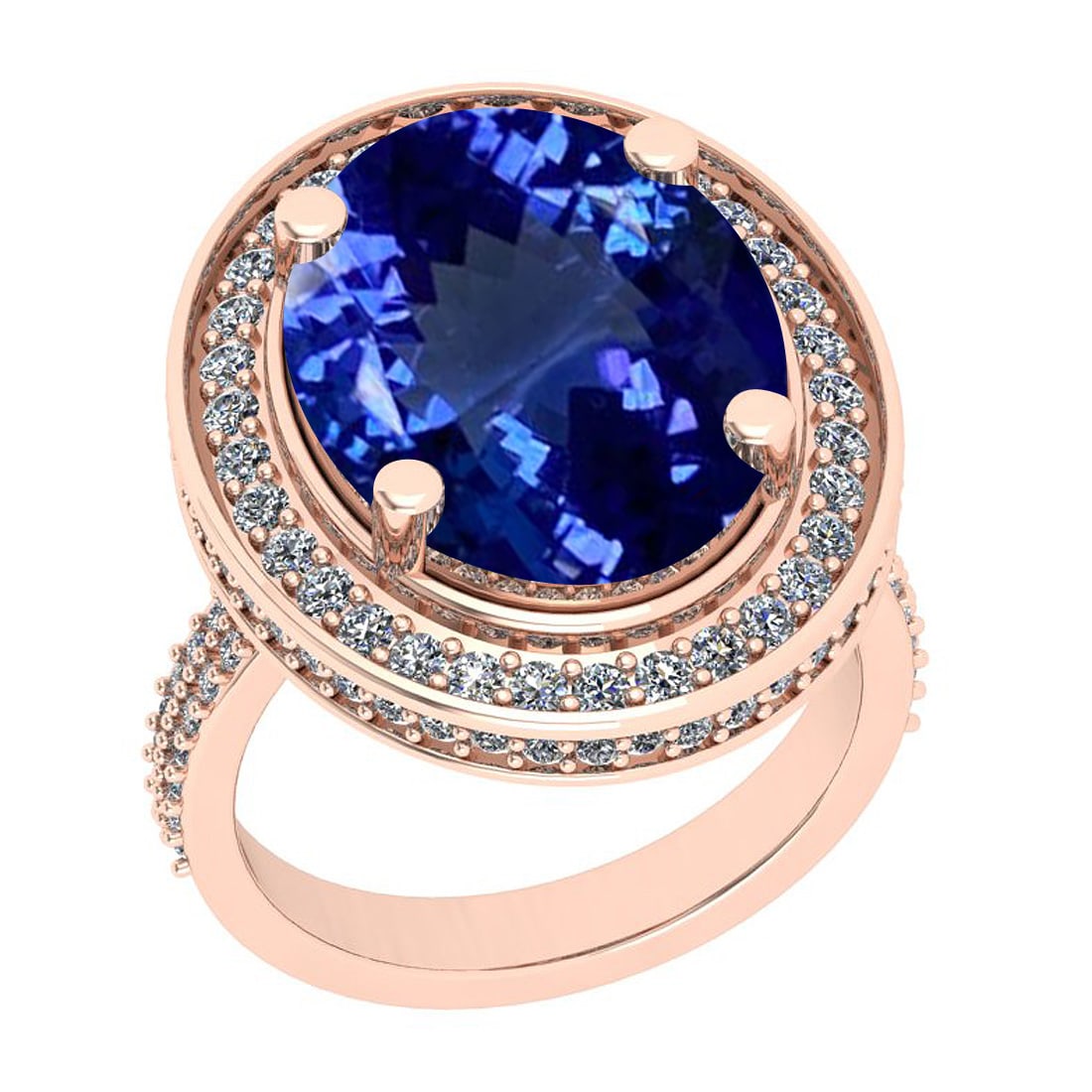 Certified 8.79 Ctw VS/SI1 Tanzanite And Diamond 14k Rose Gold Vingate Style: Center Approx Weight: 7.84 Ctw (Oval Cut) Center Color: Tanzanite Center Stone Setting: Prong Side Stone 0.95 Ctw Side Stone Color: J-K Stone Clarity: VS/SI1 Stone Setting: Prong Metal Approx Weight: