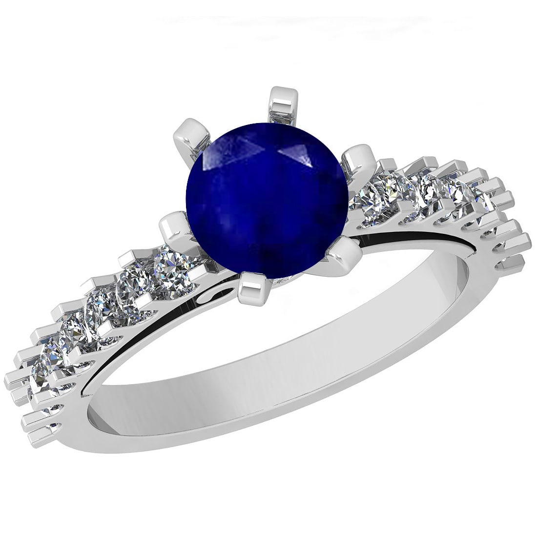 0.90 Ctw SI2/I1 Blue Sapphire And Diamond 14K White Gold Ring: Center Stone Weight : 0.50 Ctw (Round cut) Center Stone Color :-Blue Sapphire Stone Setting : Prong Side Stone Weight Of Ctw 0.40 Ctw Side Stone Color : J-K Stone Clarity : SI2/I1 Stone Setting : Pron