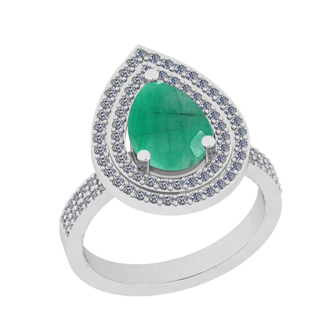 2.97 Ctw SI2/I1 Emerald And Diamond 14K White Gold two Row Wedding Halo Rin: Color Stone Weight : 2.50 Ctw (Pear Cut ) Center Stone Color : Emerald Center Stone Setting : Prong Side Stone Weight Of Ctw 0.47 Ctw Side Stone Color : J-K Stone Clarity : SI2/I1 Stone Setting : Pron