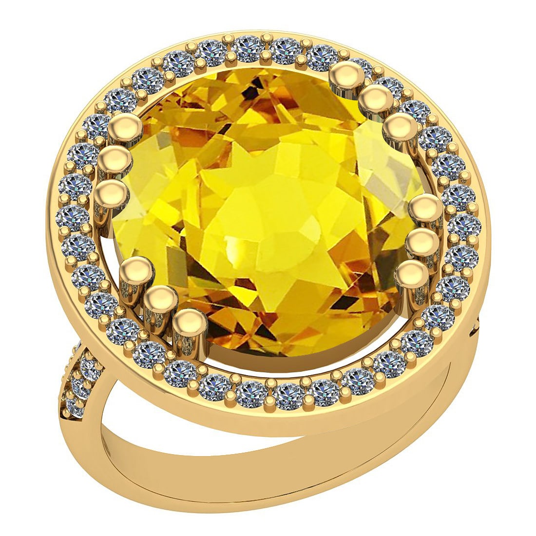 19.84 Ctw I2/I3 Lemon Topaz And Diamond 14k Yellow Gold Engagement Halo Rin: Center Stone Weight : 19.06 Ctw (1 Psc Oval Cut ) Center Stone Color : Lemon Topaz Center Stone Setting : Prong Side Stone Weight Of Ctw 0.78 Ctw Side Stone Color : J-K Stone Clarity : I2/I3 Stone Set