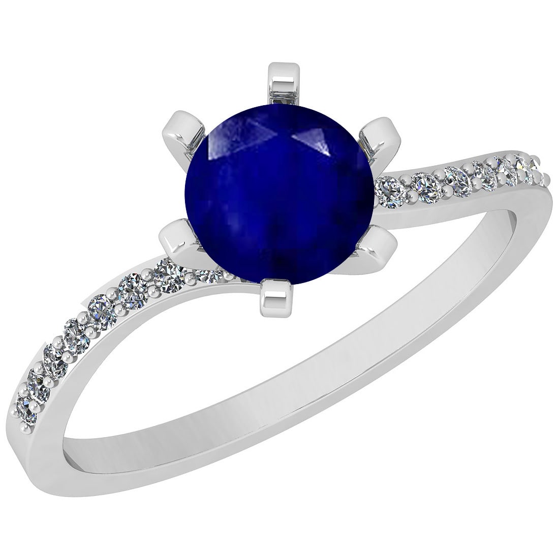1.20 Ctw SI2/I1 Blue Sapphire And Diamond 14K White Gold Ring: Center Stone Weight : 1.00 Ctw (Round cut) Center Stone Color :-Blue Sapphire Stone Setting : Prong Side Stone Weight Of Ctw 0.20 Ctw Side Stone Color : J-K Stone Clarity : SI2/I1 Stone Setting : Pron