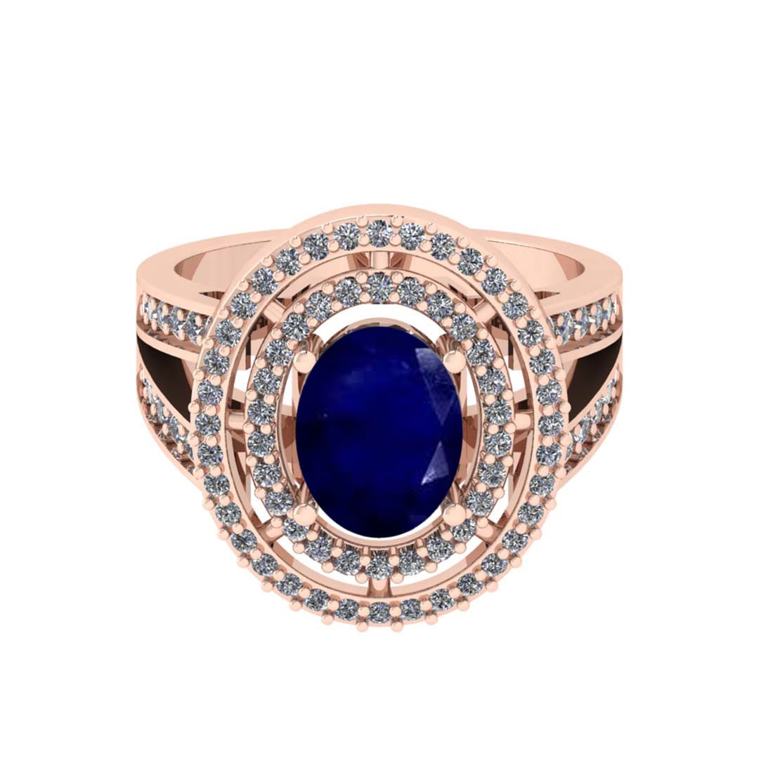 2.67 Ctw SI2/I1 Blue Sapphire And Diamond 14K Rose Gold two Row Engagement: Color Stone Weight : 2.00 Ctw (Oval Cut ) Center Stone Color : Blue Sapphire Center Stone Setting : Prong Side Stone Weight Of Ctw 0.70 Ctw Side Stone Color : J-K Stone Clarity : SI2/I1 Stone Setting