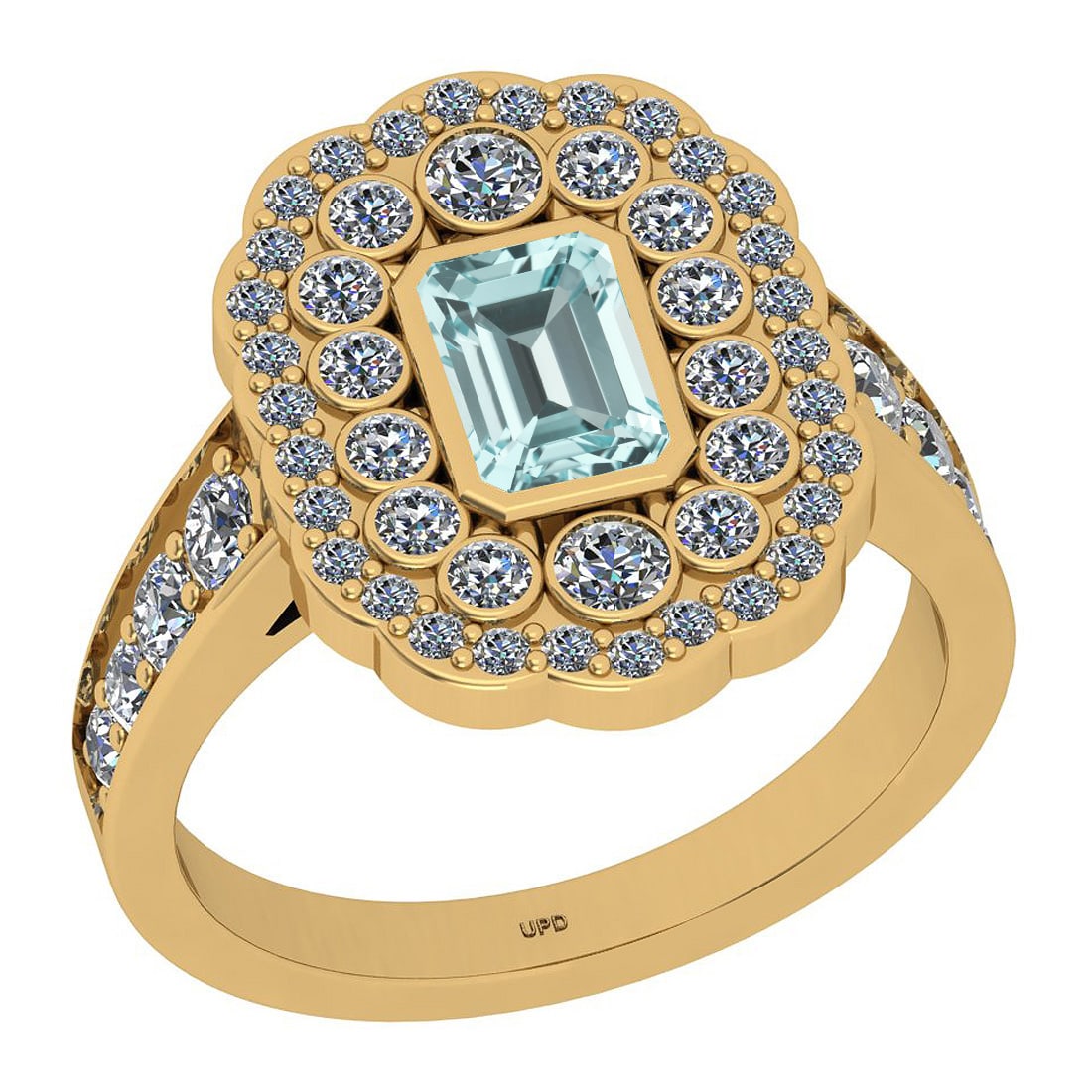 1.64 Ctw SI2/I1 Aquamarine And Diamond 14k Yellow Gold Ring: Center Stone Weight : 0.53 Ctw (Emerlald Oct Cut) Center Stone Color :-Aquamarine Center Stone Setting : Prong Side Stone Weight Of Ctw 1.11 Ctw Side Stone Color : J-K Stone Clarity : SI2/I1 Stone Set