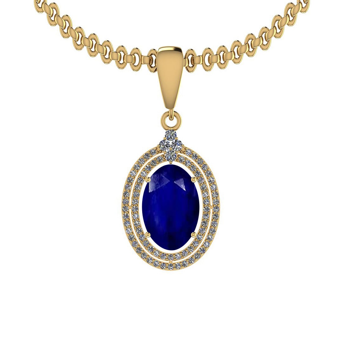 4.20 Ctw SI2/I1 Blue Sapphire And Diamond 14K Yellow Gold Necklace: Center Stone Weight : 4.00 Ctw (Oval cut) Center Stone Color :-Blue Sapphire Stone Setting : Prong Side Stone Weight Of Ctw 0.20 Ctw Side Stone Color : J-K Stone Clarity : SI2/I1 Stone Setting : Prong