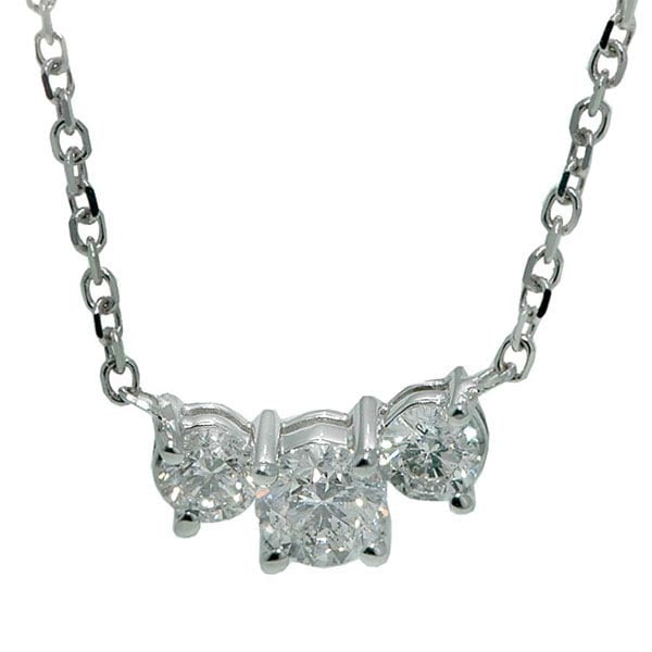 Three-Stone Diamond Pendant in 14k White Gold (1.00 ctw): METAL TYPE: 14k White Gold ;TOTAL CARAT WEIGHT: 1 ;NAME OF CENTER STONE: Diamond ;CENTER STONE SHAPE: Round ;CENTER STONE CLARITY: SI ;CENTER STONE COLOR: G-h ;CENTER STONE SETTING: Prong ;CENTER STON