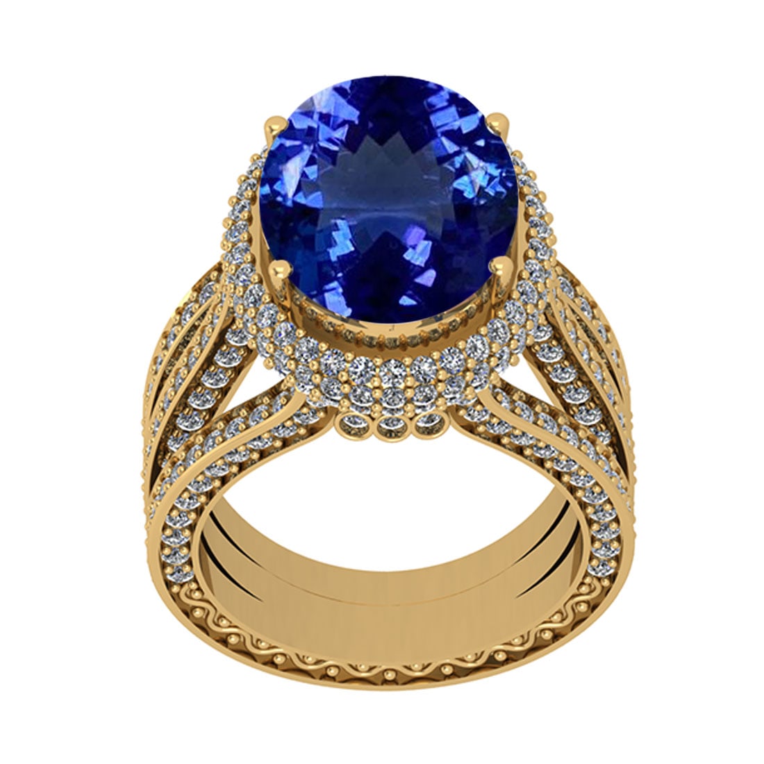8.56 Ctw SI2/I1 Tanzanite And Diamond 14K Yellow Gold Vintage Style Wedding: Color Stone Weight : 6.42 Ctw (Oval Cut ) Center Stone Color : Tanzanite Center Stone Setting : Prong Side Stone Weight Of Ctw 2.14 Ctw Side Stone Color : J-K Stone Clarity : SI2/I1 Stone Setting : Pr