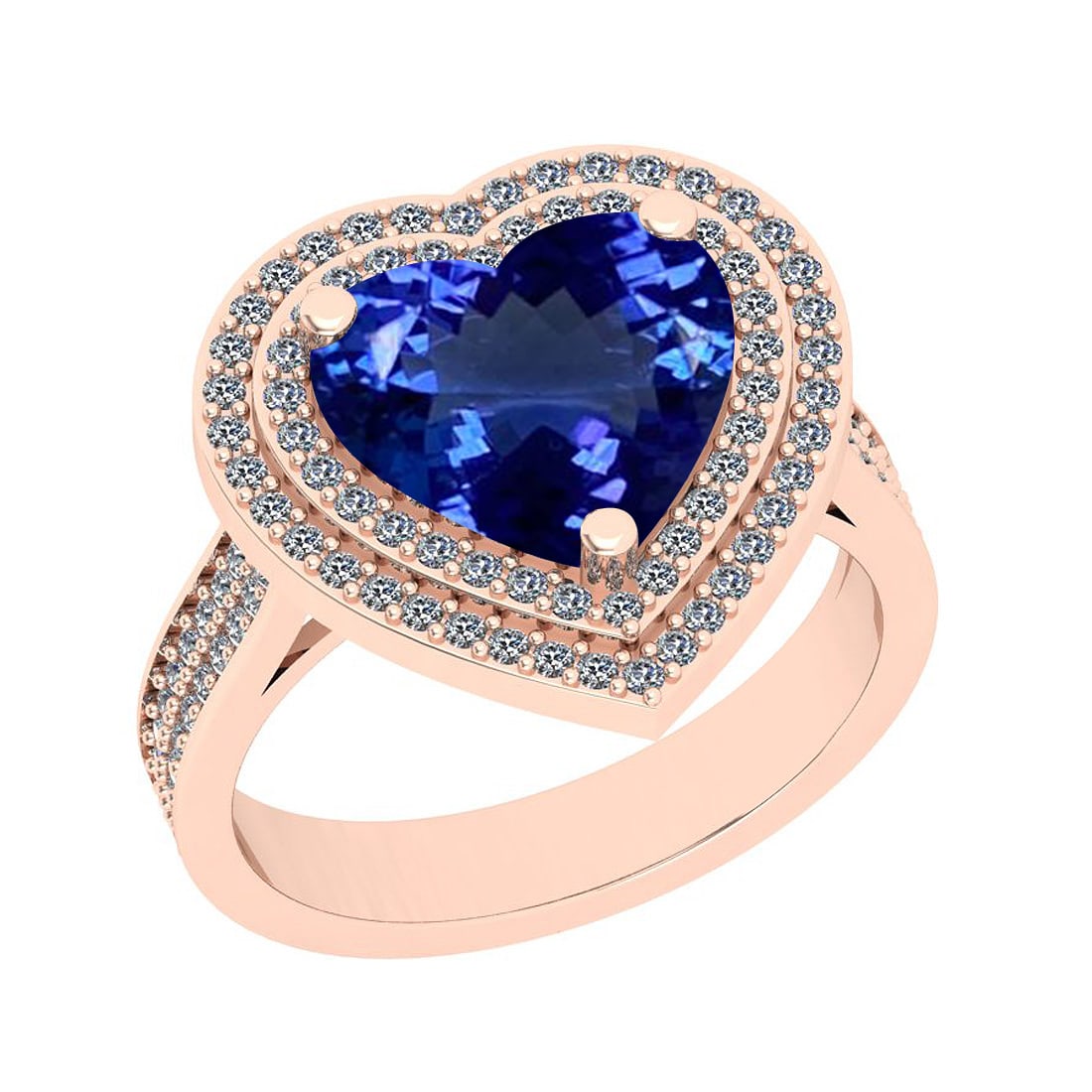 Certified 5.07 Ctw VS/SI1 Tanzanite And Diamond 14k Rose Gold Vingate Style: Center Approx Weight: 4.43 Ctw (Heart Cut) Center Color: Tanzanite Center Stone Setting: Prong Side Stone 0.64 Ctw Side Stone Color: J-K Stone Clarity: VS/SI1 Stone Setting: Prong Metal Approx Weight: