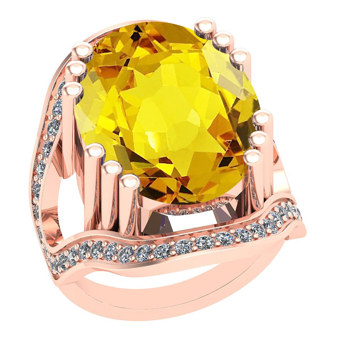 19.92 Ctw I2/I3 Lemon Topaz And Diamond 14k Rose Gold Engagement Halo Ring: Center Stone Weight : 19.06 Ctw (1 Psc Oval Cut ) Center Stone Color : Lemon Topaz Center Stone Setting : Prong Side Stone Weight Of Ctw 0.86 Ctw Side Stone Color : J-K Stone Clarity : I2/I3 Stone Set