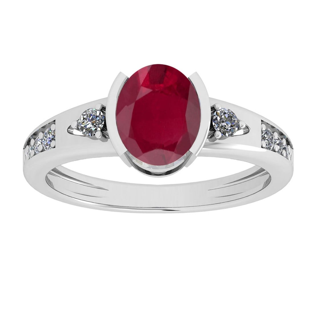 2.80 Ctw VS/SI1 Ruby And Diamond 14K White Gold Cocktail Ring: Center Stone Weight : 2.50 Ctw ( Oval Cut ) Center Stone Color : Ruby Stone Setting : Prong Side Diamond Weight Of Ctw 0.30 Ctw Side Stone Color : J-K Stone Clarity : VS/SI1 Stone Setting : Prong Meta