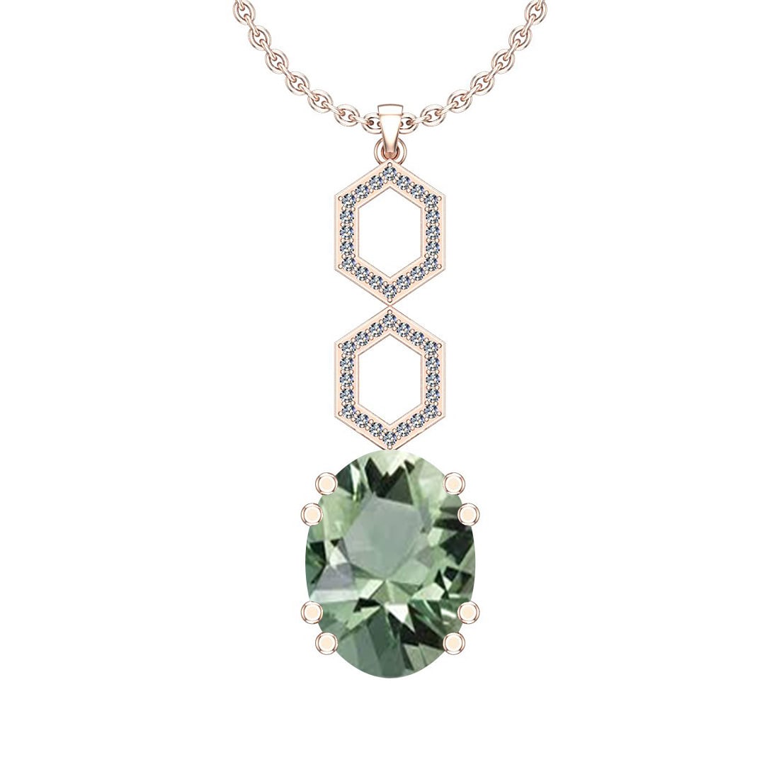 Certified 22.71 Ctw I2/I3 Green Amethyst And Diamond 14K Rose Gold Pendant: Color Stone Approx Weight: 22.15 Ctw (Oval Cut) Center Stone Color: Green Amethyst Center Stone Setting: Prong Side Stone 0.56 Ctw Side Stone Color: J-K Stone Clarity: I2/I3 Stone Setting: Prong