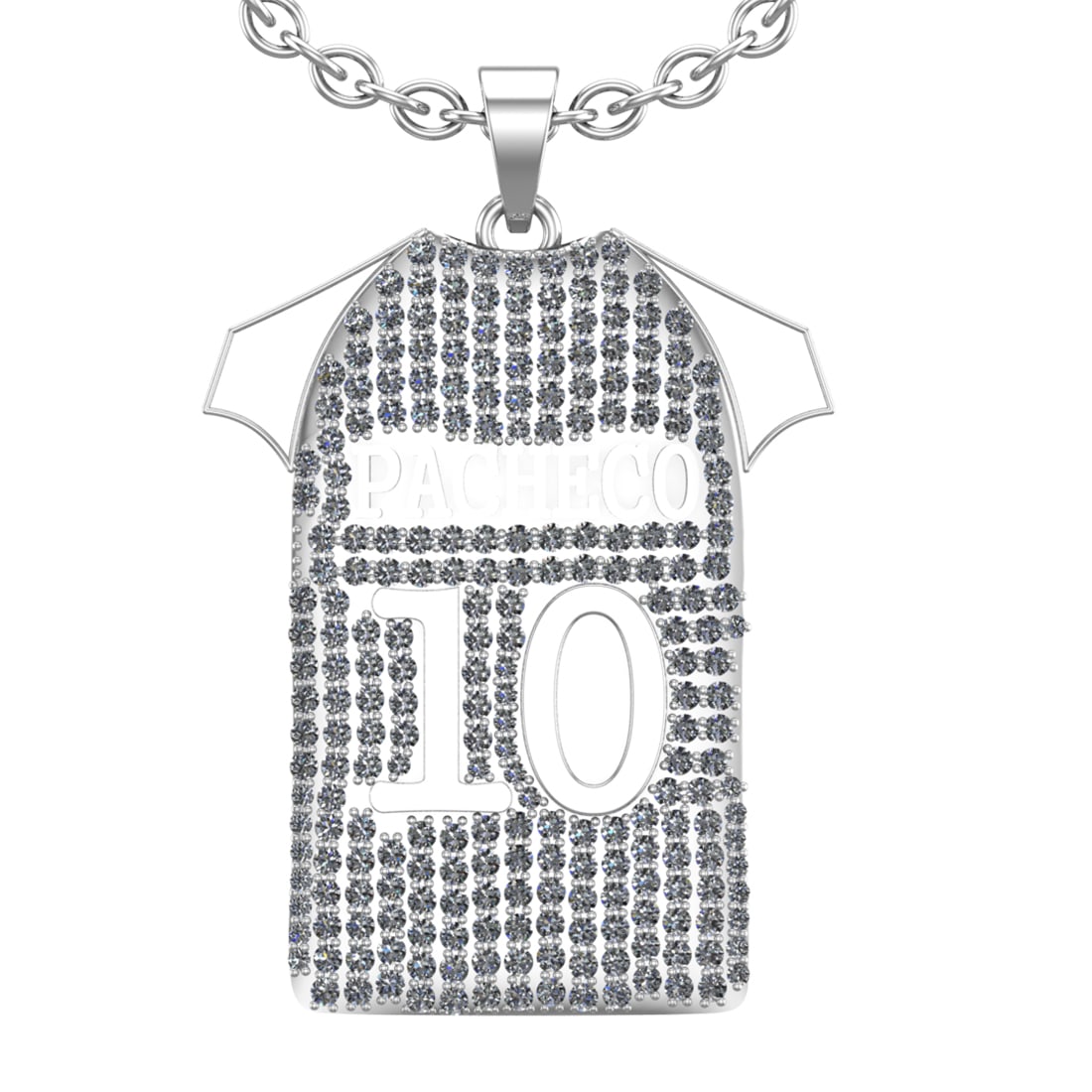 3.25 Ctw SI2/I1 Diamond 14K White Gold football theme Jersey pendant neckla: Total Diamond Weight : 3.25 Ctw (Round cut) Center Diamond Color :- J-K Center Clarity : SI2/I1 Stone Setting : Prong Metal Weight : Approx 13.50 Gram 14K White Gold football theme Jersey pendant Neck