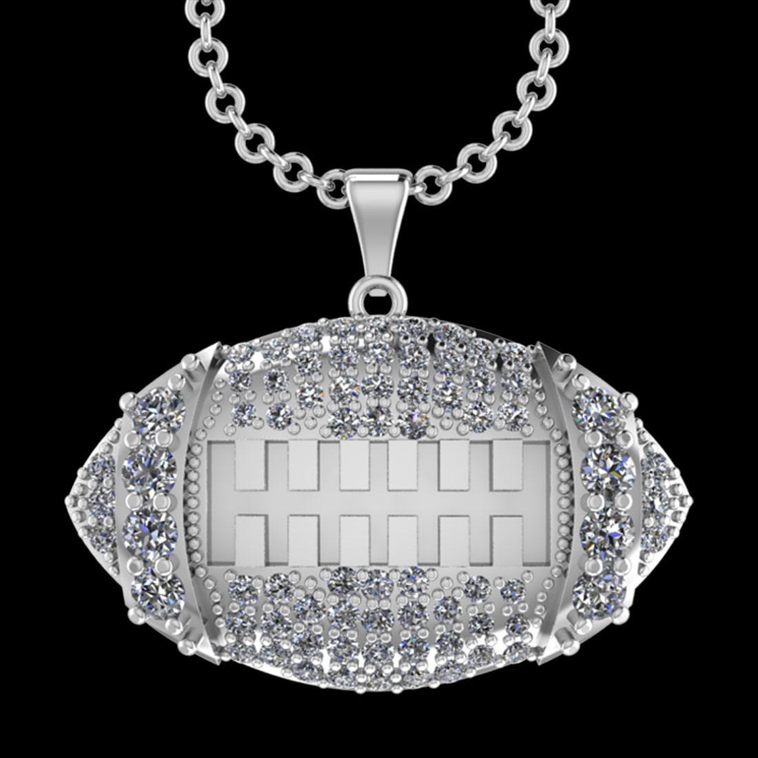 3.51 Ctw SI2/I1 Diamond 14K White Gold football theme pendant necklace: Total Diamond Weight : 3.51 Ctw (Round cut) Center Diamond Color :- G-H Center Clarity : SI2/I1 Stone Setting : Prong Metal Weight : Approx 12.80 Gram 14K White Gold football theme pendant necklace #P