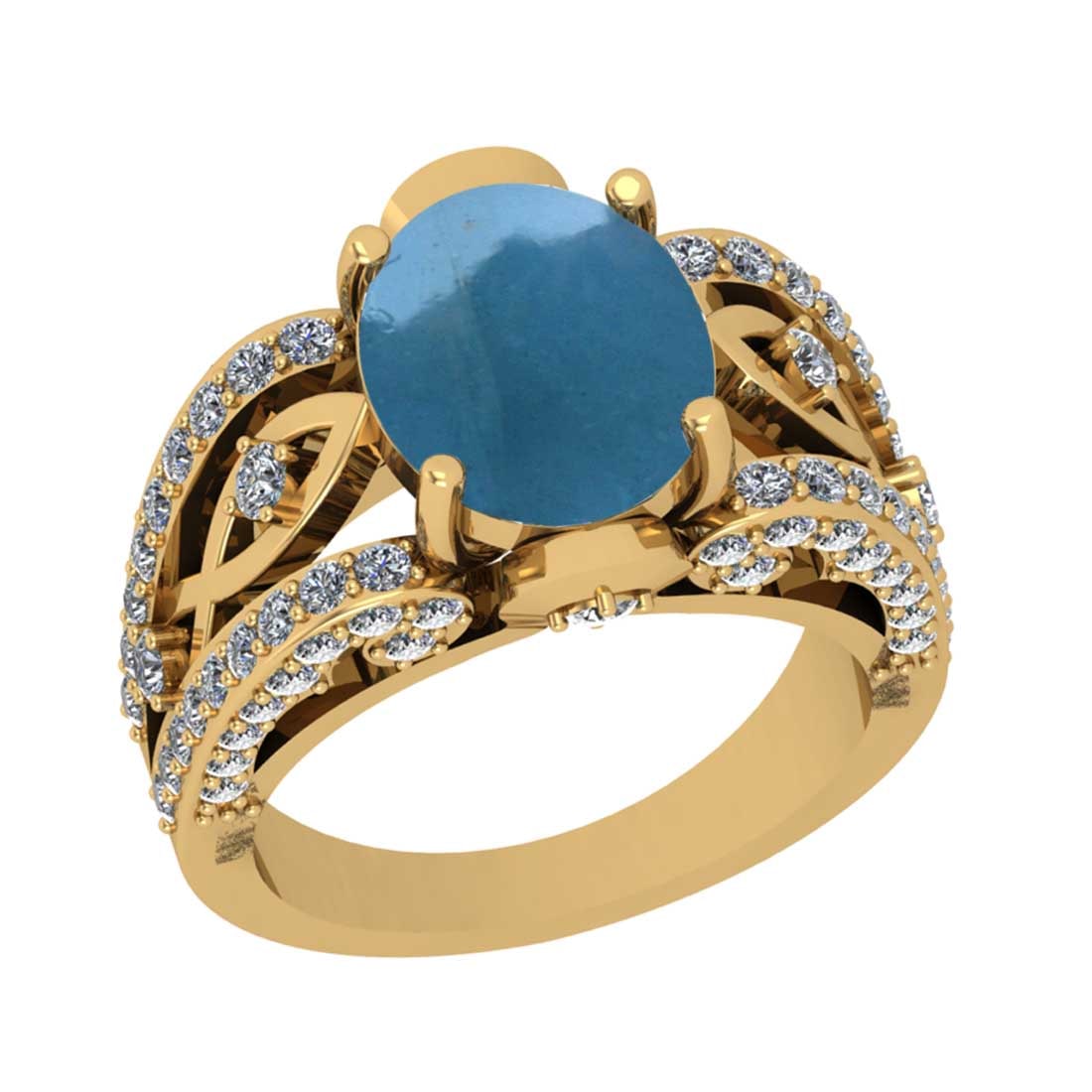 5.05 Ctw SI2/I1 Aquamarine And Diamond 14K Yellow Gold Cocktail Ring: Center Stone Weight : 3.90 Ctw (Oval cabochon ) Center Stone Color : Aquamarine Stone Setting : Prong Side Stone Weight Of Ctw 1.15 Ctw Side Stone Color : G-H Stone Clarity : SI2/I1 Stone Setting : Pr