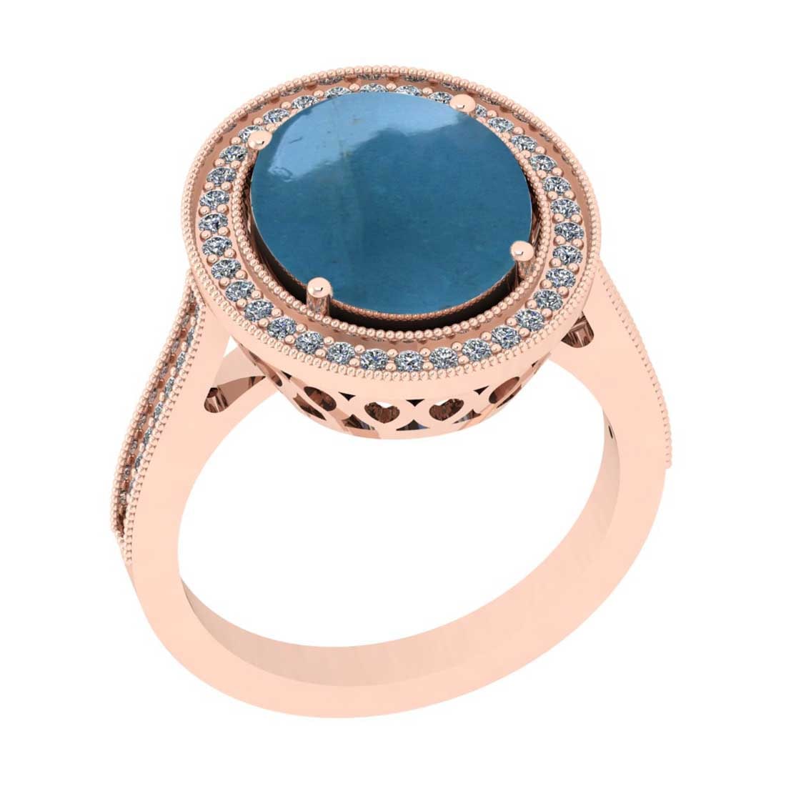 5.10 Ctw SI2/I1 Aquamarine And Diamond 14K Rose Gold Engagement Halo Ring: Center Stone Weight : 4.80 Ctw (Oval cabochon ) Center Stone Color : Aquamarine Stone Setting : Prong Side Stone Weight Of Ctw 0.30 Ctw Side Stone Color : G-H Stone Clarity : SI2/I1 Stone Setting : Pr
