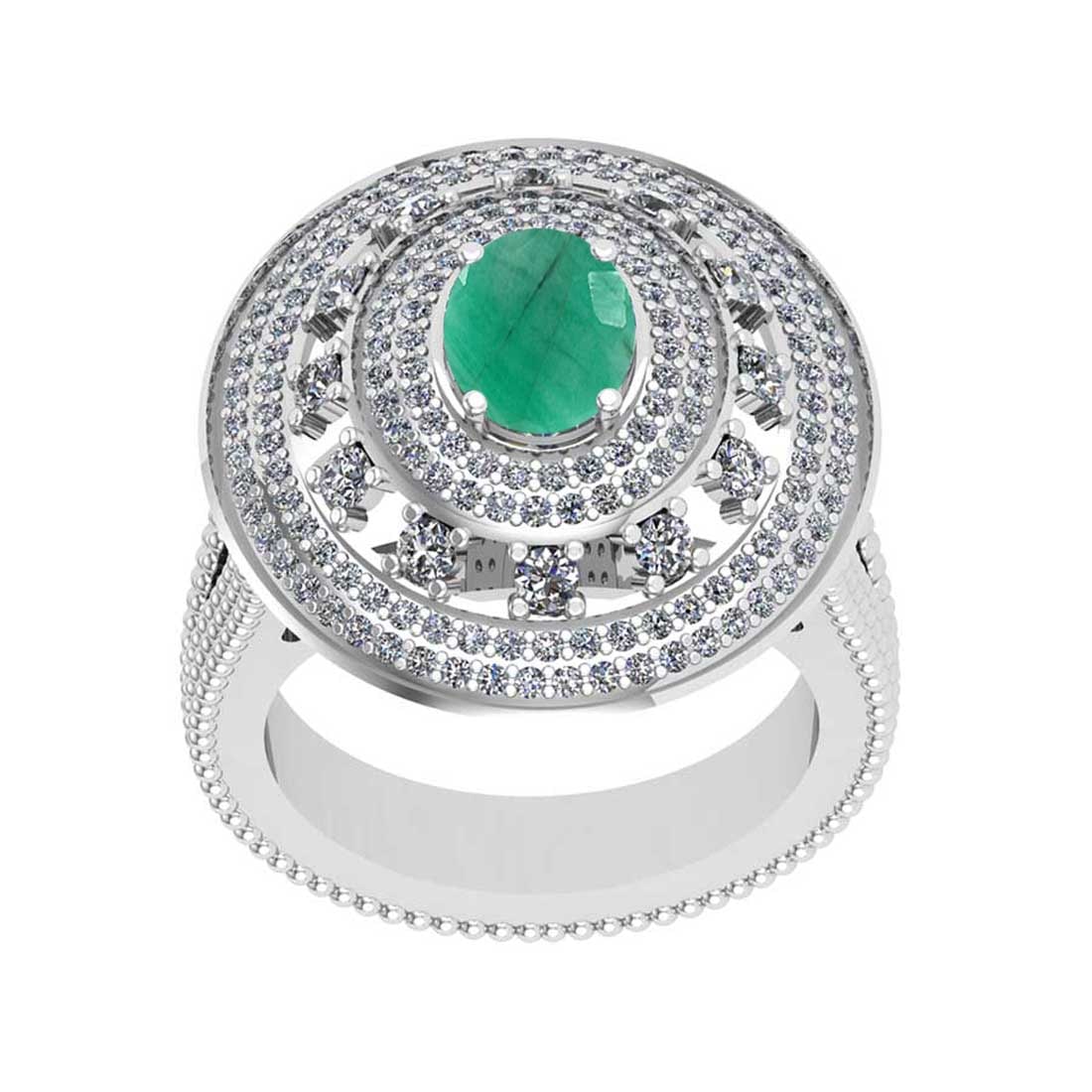 2.46 Ctw SI2/I1Emerald and Diamond 14K White Gold Engagement Ring: Center Stone Weight : 1.25 Ctw ( 1pec Oval Cut) Center stone Color :-Emerald Setting : Prong Side Diamond Weight Of Ctw 1.21 Ctw Color : J-K Clarity : SI2/I1 Stone Setting : Prong Metal Weight : Appro