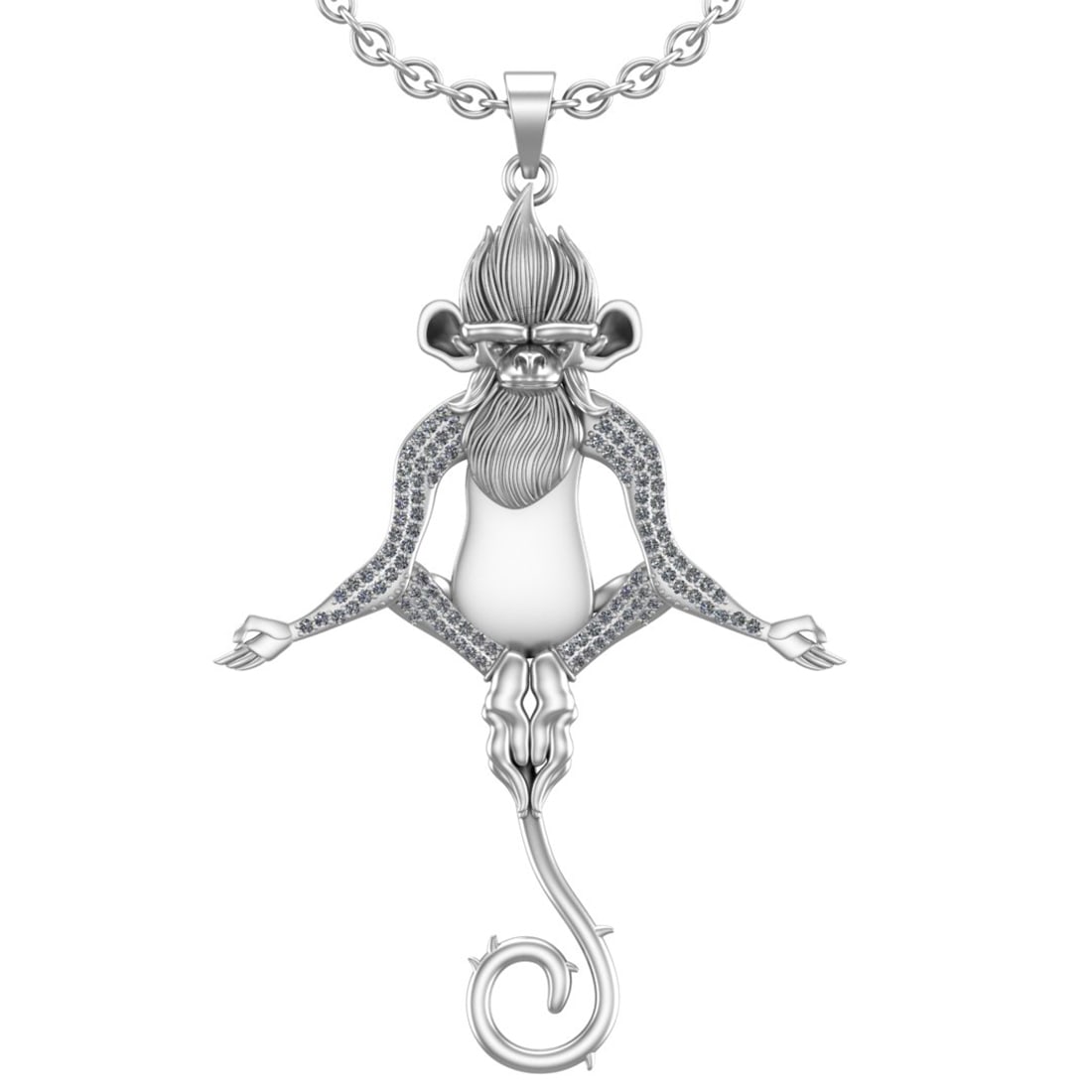 0.85 Ctw SI2/I1Diamond 14K White Gold Chimpanzee/Monkey Yoga Step Necklace: Total Diamond Weight : 0.85 Ctw ( Round Cut ) Diamond Color :- J-K Clarity : SI2/I1 Stone Setting : Prong Metal Weight : Approx 6.20 Gram 14K White Gold Chimpanzee/Monkey Yoga Step Necklace #PAPPS9480
