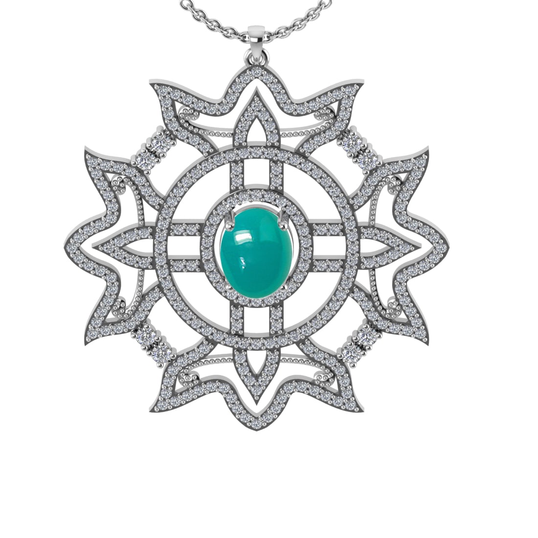 3.34 Ctw VS/SI1 Emerald and Diamond 14K White Gold Pendant Necklace: Color Stone Weight : 1.93 Ctw (Oval Cab) Stone Color :- Emerald Center Stone Setting : Prong Side Weight Of Ctw 1.41 Ctw Color : J-K Clarity : VS/SI1 Stone Setting : Prong Metal Weight : Approx 5.90 g