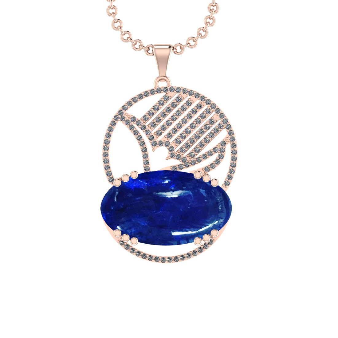 46.54 Ctw VS/SI1 Tanzanite and Diamond Prong Set 14k Rose Gold Pendant: Center Stone Weight : 45.34 Ctw ( Oval Cab) Center Stone Color :-Tanzanite Setting : Prong Side Weight Of Ctw 1.20 Ctw Color : J-K Clarity : VS/SI1 Stone Setting : Prong Metal Weight : Approx 9.70 gra