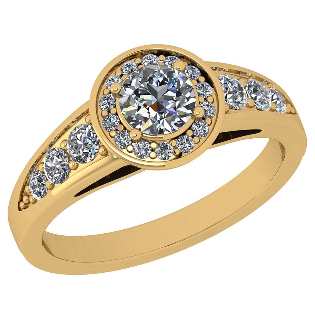 Certified 0.81 Ctw I2/I3 Diamond 10K Yellow Gold Halo Ring: Center Approx Weight: 0.50 Ctw (Round Cut) Center Diamond Color: J-K Center Clarity: I2/I3 Center Setting: Prong Side Stone 0.31 ctw Side Stone Color: J-K Side Stone Setting: Prong Side Stone Clarity: