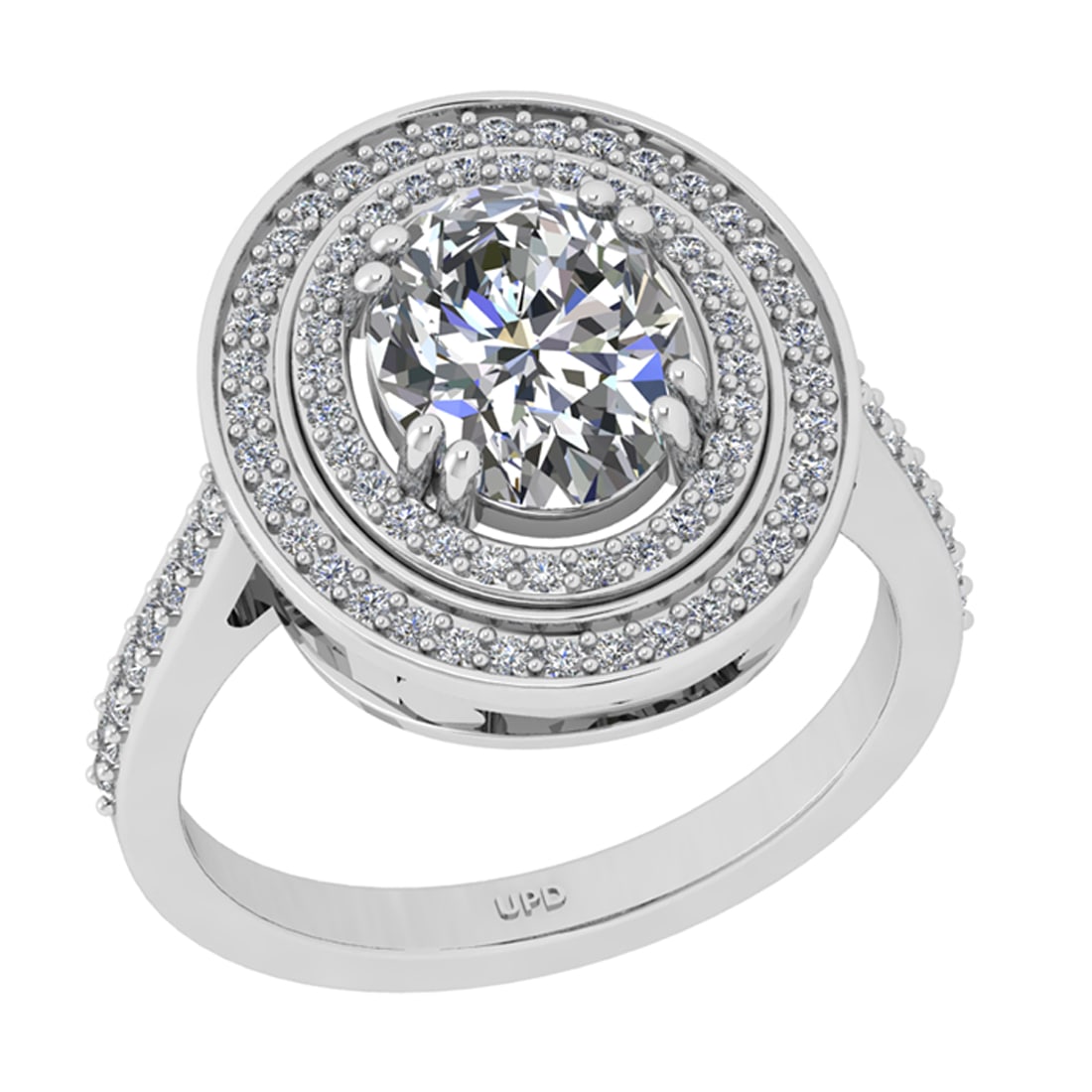 2.44 Ctw SI2/I1 Diamond 14K White Gold Engagement Halo Ring: Center Diamond Weight : 2.00 Ctw ( Oval Cut ) Center Diamond Color : J-K Clarity : SI2/I1 Stone Setting : Prong Side Diamond Weight Of Ctw 0.44 Ctw Side Stone Color : J-K Stone Clarity : SI2/I1 Stone