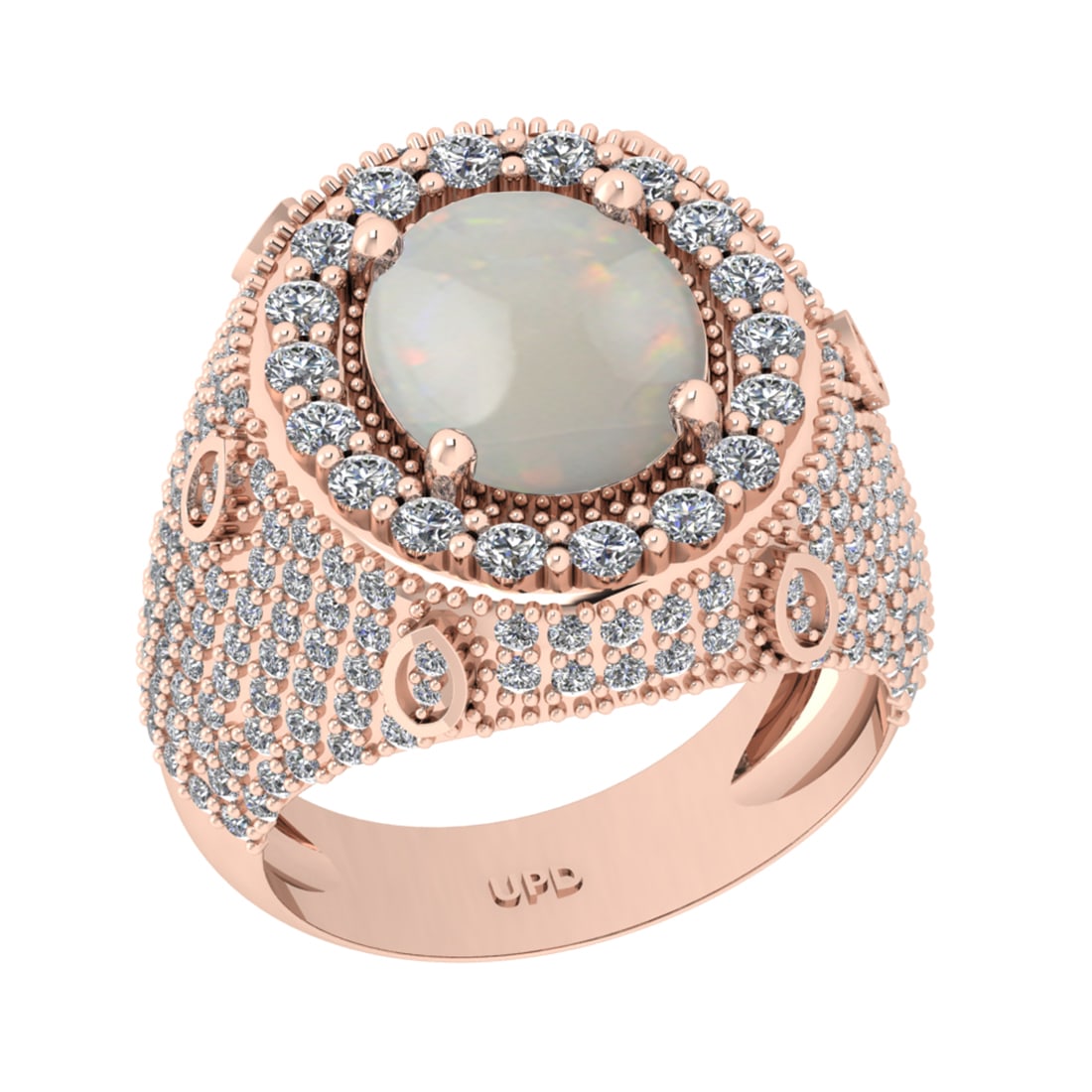 6.25 Ctw I2/I3 Opal And Diamond 14K Rose Gold Engagement Ring: Center Stone Weight : 4.11 Ctw ( Oval Cab ) Center Stone Color : Opal Stone Setting : Prong Side Diamond Weight Of Ctw2.14 Ctw Side Stone Color : J-K Stone Clarity : I2/I3 Stone Setting : Prong Metal