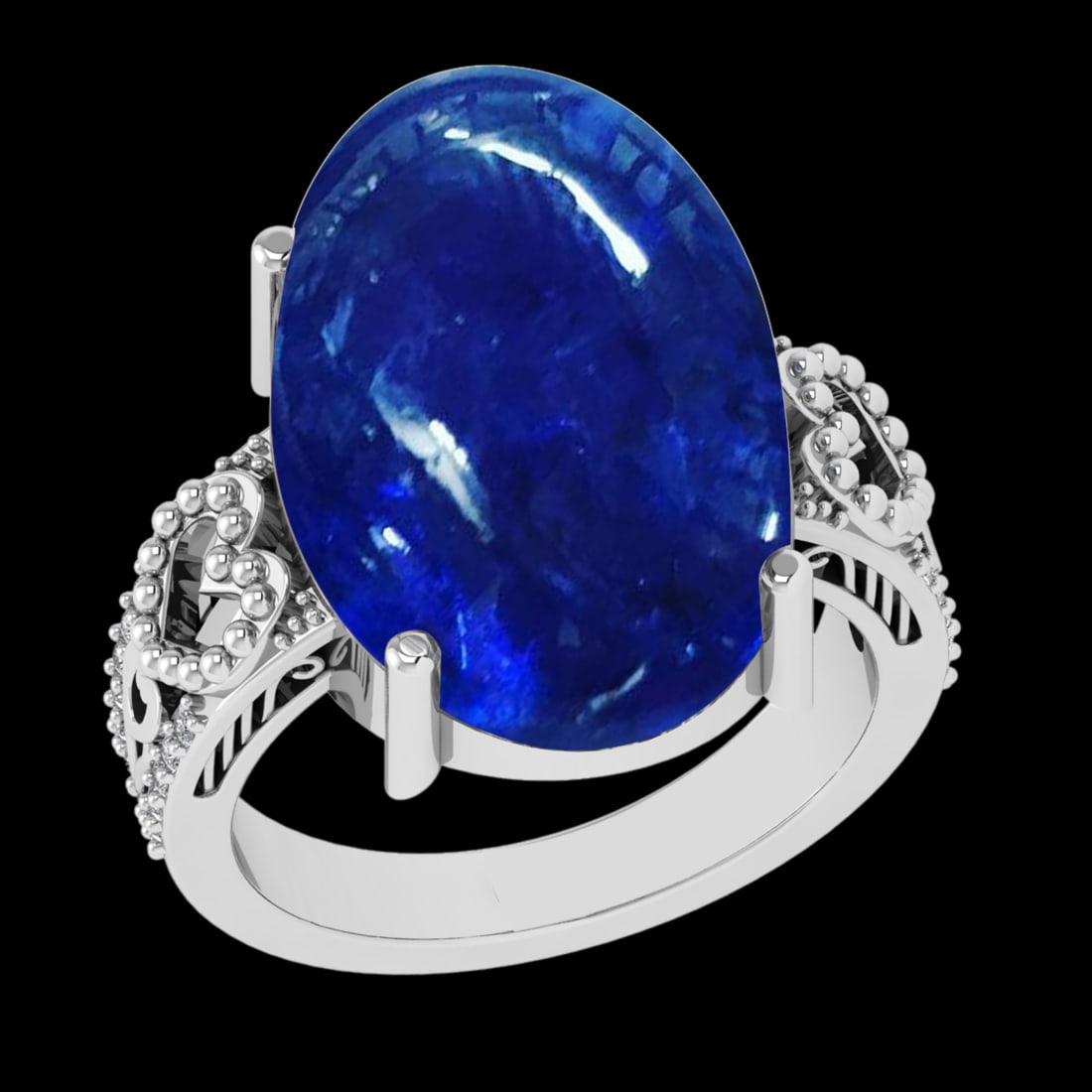 12.58 Ctw VS/SI1 Tanzanite and Diamond Prong Set 14K White Gold Engagment R: Center Stone Weight : 12.45 Ctw ( Round Cab) Center Stone Color :-Tanzanite Setting : Prong Side Weight Of Ctw 0.13 Ctw Color : J-K Clarity : VS/SI1 Stone Setting : Prong Metal Weight : Approx 4.70 gr
