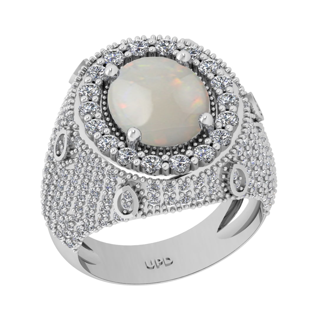 6.25 Ctw I2/I3 Opal And Diamond 14K White Gold Engagement Ring: Center Stone Weight : 4.11 Ctw ( Oval Cab ) Center Stone Color : Opal Stone Setting : Prong Side Diamond Weight Of Ctw2.14 Ctw Side Stone Color : J-K Stone Clarity : I2/I3 Stone Setting : Prong Metal