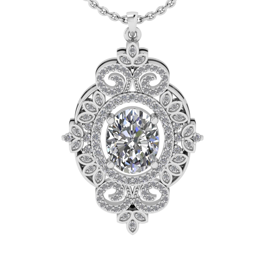 2.37 Ctw SI2/I1 Diamond 14K White Gold Pendant Necklace: Center Diamond Weight :-: 2.00 Ctw ( Oval Cut) Color :- J-K Clarity : SI2/I1 Center Stone Setting : Prong Side Diamond Weight Of Ctw 0.37 Ctw Color : J-K Clarity : SI2/I1 Stone Setting : Prong Metal W
