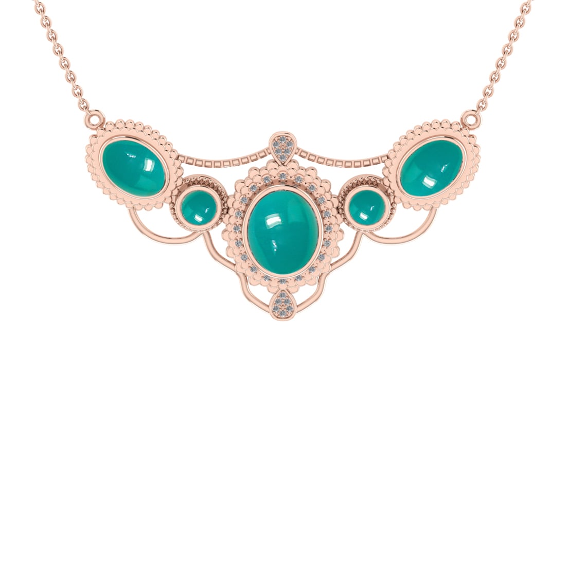 12.71 Ctw VS/SI1Emerald and Diamond 14K Rose Gold Pendant Necklace: Color Stone Weight : 12.55 Ctw (Round & Oval Cab) Stone Color :- Emerald Center Stone Setting : Prong Side Weight Of Ctw 0.16 Ctw Color : J-K Clarity : VS/SI1 Stone Setting : Prong Metal Weight : Appr