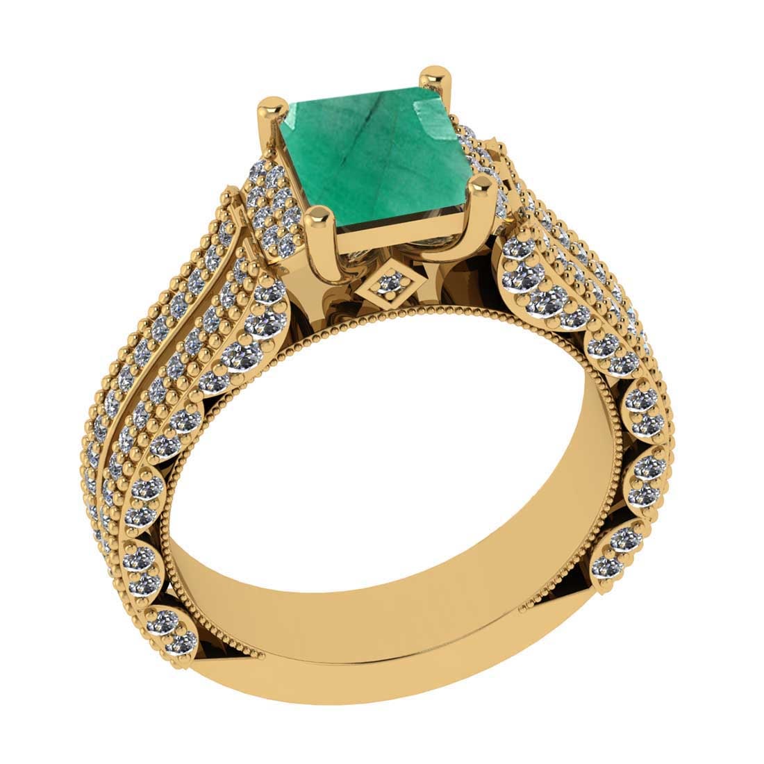 2.11 Ctw SI2/I1 Emerald and Diamond 14K Yellow Gold Engagement Ring: Center Stone Weight : 1.25 Ctw ( Princess Cut) Center stone Color :-Emerald Setting : Prong Side Weight Of Ctw 0.86 Ctw Color : J-K Clarity : SI2/I1 Stone Setting : Prong Metal Weight : Approx 5.10 gr