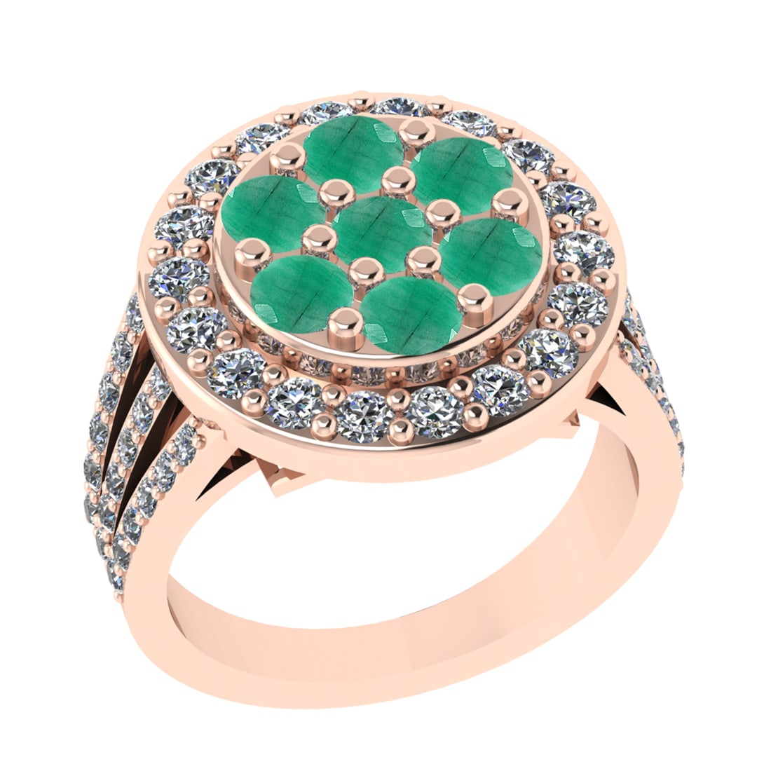 1.42 Ctw SI2/I1 Emerald And Diamond 14K Rose Gold Engagement Ring: Center Stone Weight : 0.45 Ctw ( Round Cut ) Center Stone Color : Emerald Stone Setting : Prong Side Diamond Weight Of Ctw0.97 Ctw Side Stone Color : J-K Stone Clarity : SI2/I1 Stone Setting : Prong