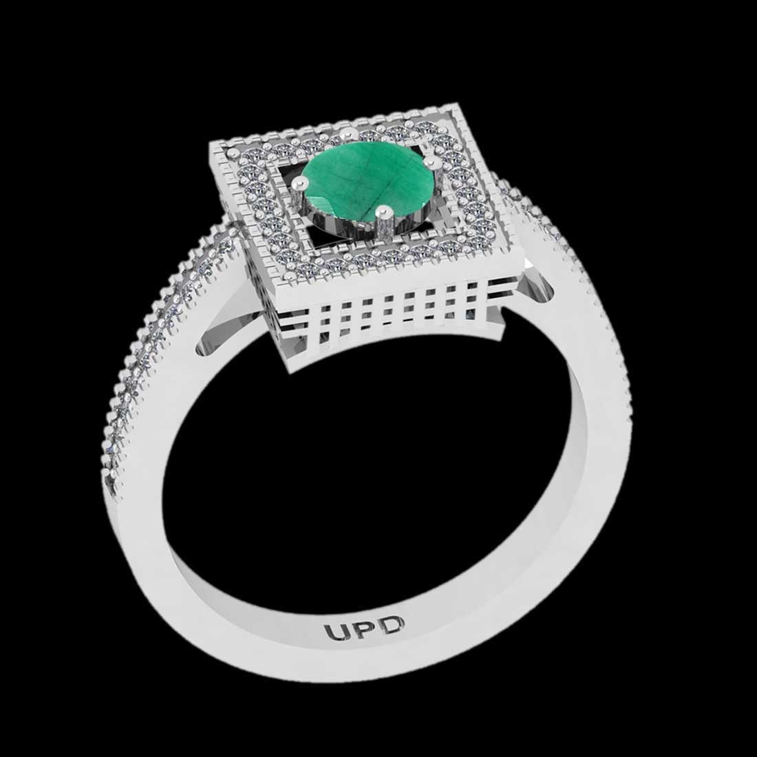 0.83 Ctw VS/SI1 Emerald And Diamond Prong Set 14K White Gold Vintage Style: Center Stone Weight : 0.60 Ctw ( Round Cut) Center stone Color :- Emerald Center Stone Setting : Prong Side Stone Weight Of Ctw 0.23 Ctw Side Stone Color : J-K Stone Clarity :VS/SI1 Stone Setting : Pr