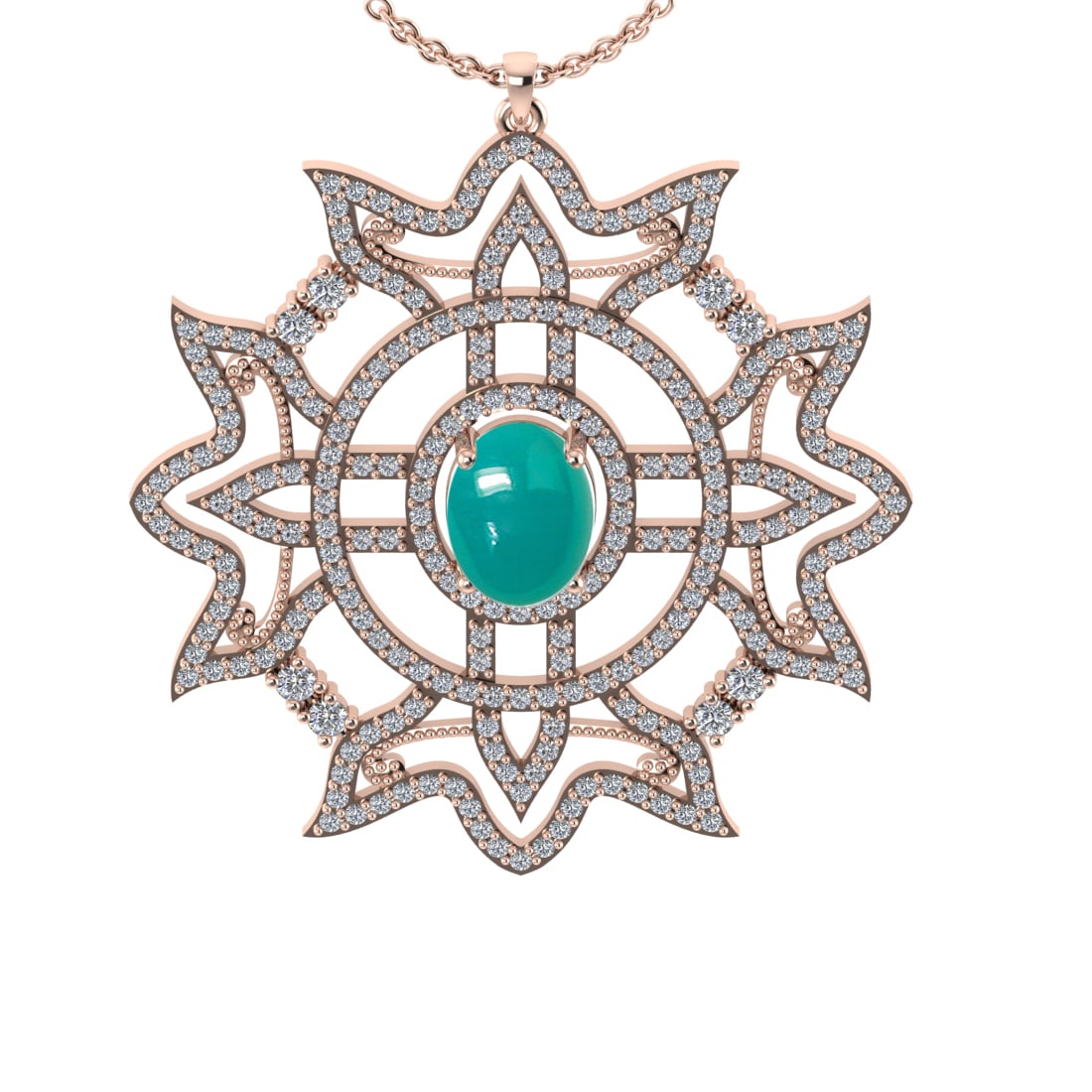 3.34 Ctw VS/SI1 Emerald and Diamond 14K Rose Gold Pendant Necklace: Color Stone Weight : 1.93 Ctw (Oval Cab) Stone Color :- Emerald Center Stone Setting : Prong Side Weight Of Ctw 1.41 Ctw Color : J-K Clarity : VS/SI1 Stone Setting : Prong Metal Weight : Approx 5.90 g