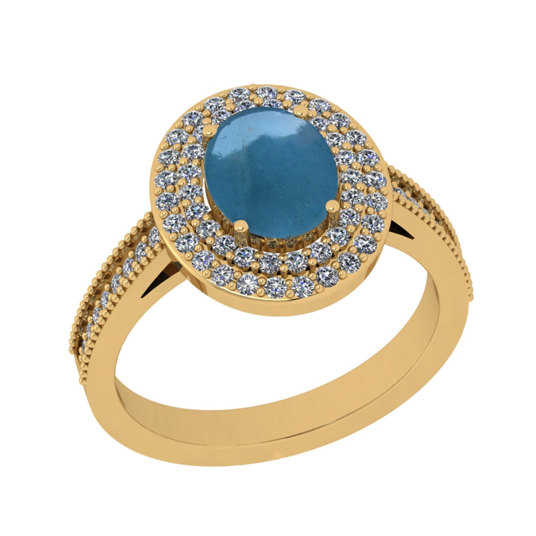 2.25 Ctw SI2/I1 Aquamarine And Diamond 14K Yellow Gold Engagement Ring: Color Stone Weight : 1.77 Ctw (Oval Cabochon ) Center Stone Color : Aquamarine Center Stone Setting : Prong Side Stone Weight Of Ctw 0.48 Ctw Side Stone Color : J-K Stone Clarity : SI2/I1 Stone