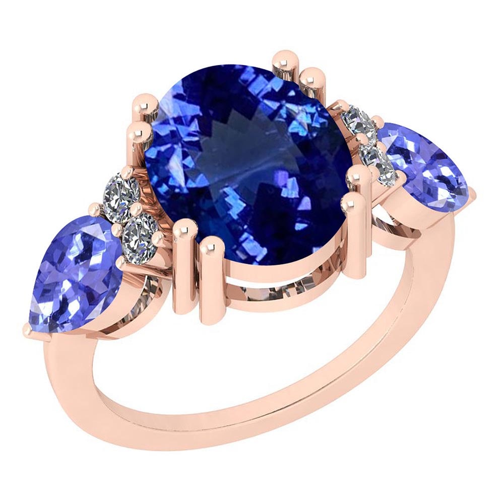Certified 7.11 Ctw VS/SI1 Tanzanite and Diamond 14K Rose Gold Vintage Style: Color Stone Approx Weight: 6.84 Ctw (3 pcs Oval & Pear) Center Stone Color: Tanzanite Center Stone Setting: Prong Side Stone Approx Weight: 0.27 Ctw Side Stone Color: G-H Stone Clarity: VS/SI1 Stone S