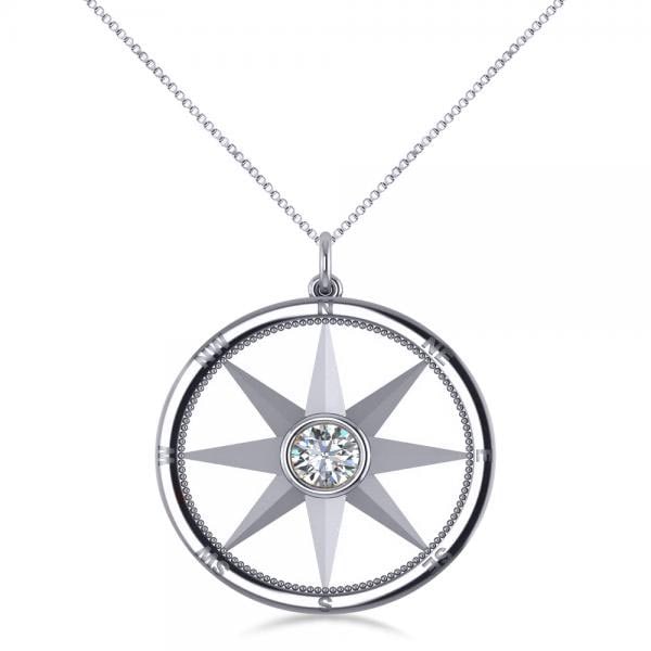 Diamond Nautical Compass Pendant Necklace 14k White Gold 0.66ctw: CENTER STONE; Diamond CENTER STONE CLARITY; SI1-SI2 CENTER STONE COLOR; J-K CENTER STONE SETTING; Bezel SIDE STONE CLARITY; SIDE STONE COLOR; SIDE STONE SETTING; ctw OF SIDE STONE: SIDE STONE