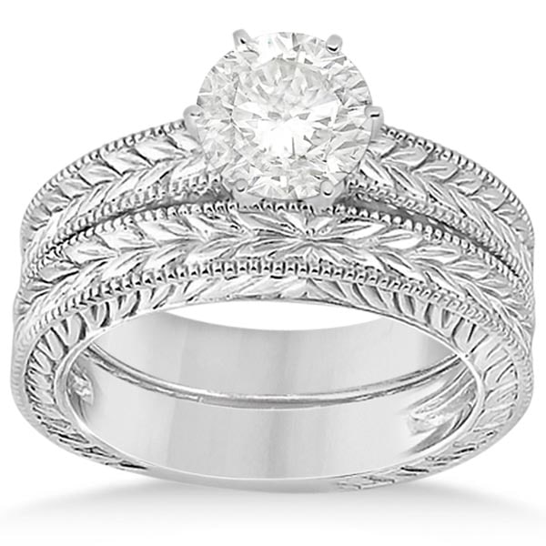 Vintage Style Carved Filigree Solitaire Bridal Set in 14k White Gold: SETTING ONLY #PAPPS21282v3