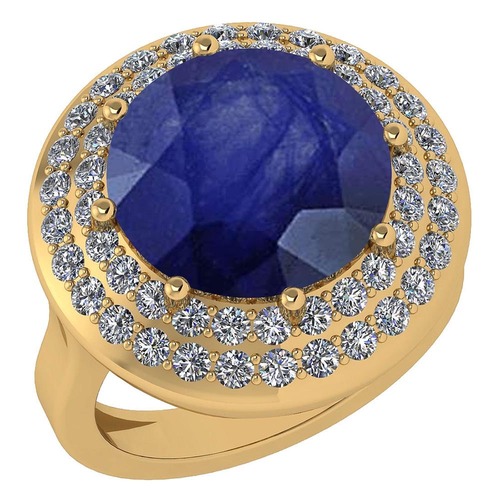 Certified 7.30 Ctw Blue Sapphire And Diamond Halo Ring 14K Yellow Gold: Center Stone Weight Approx ; 6.00 Ctw (1 Pcs Round) Center Stone Color: Blue Sapphire Center Stone Setting ; Prong Side Stone (52 Pcs Round Cut Diamond) 1.30 ctw Side Stone Color: White G-H Diamond