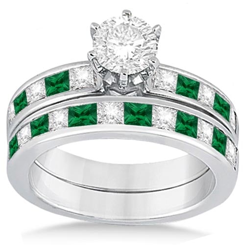 Channel Emerald and Diamond Bridal Set 18k White Gold 2.10ctw: CENTER STONE 1.00Ctw ; Emerald,Diamond CENTER STONE CLARITY; #SI1-SI2 CENTER STONE COLOR; Green,J-K CENTER STONE SETTING; Channel,Channel SIDE STONE CLARITY; SIDE STONE COLOR; SIDE STONE SETTING; 1.10