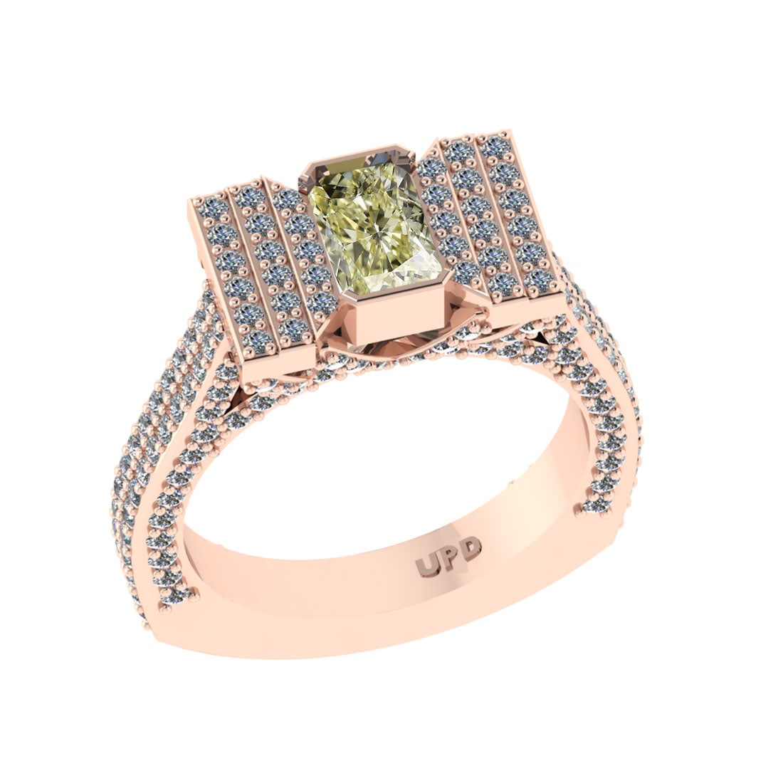 2.31 ctw GIA Certified Fancy Brown Yellow and white Diamond 14K Rose Gold E: Center Diamond Weight :-0.73 Ctw (Rectangular Cut) GIA Certified Center Color :-Fancy Brown Yellow Clarity : VVS2 Stone Setting : Prong Side Stone Weight Of Ctw 1.58 ctw Side Stone Color : J-K Stone