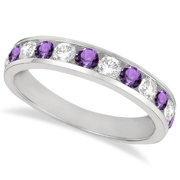 Channel-Set Amethyst and Diamond Ring Band 14k White Gold 1.20ctw: CENTER STONE; Amethyst CENTER STONE CLARITY; CENTER STONE COLOR; Purple CENTER STONE SETTING; Channel SIDE STONE CLARITY; SI SIDE STONE COLOR; J-K SIDE STONE SETTING; Channel ctw OF SIDE STONE: 0.5 SI