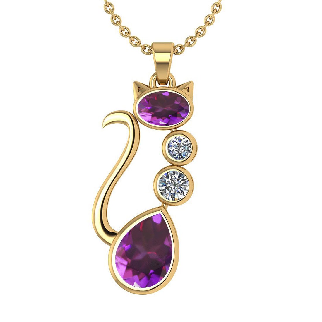 Certified 2.67 Ctw Amethyst And Diamond Cat Necklace 18K Yellow Gold: Center Stone Approx Weight ; 2.50 Ctw (1Pcs Oval And 1 Pcs Pear) Center Stone Color: Amethyst Center Stone Setting: Bezel Side Stone Weight: 0.17 Ctw (2 Pcs Round Cut Diamond) Side Stone Color: White
